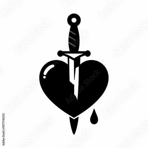 Minimalist Flat Vector Illustration of a Black Heart Pierced by a Dagger with a Single Blood Drop, Concept of Heartbreak and Betrayal, Bold Symbolic Graphic Isolated on White Background