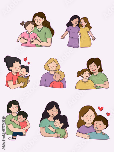 Happy Mothers Day Illustration with Loving Mother and Child Family Moments
