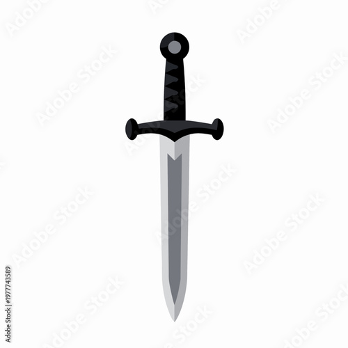 Minimalist flat vector illustration of a single medieval sword with a black hilt and sharp steel blade, isolated on white background, representing strength, courage, and classic knightly weaponry.
