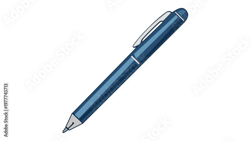 Professional blue fountain pen vector illustration featuring a silver clip and nib. Minimalist digital icon for business signatures, office stationery, and educational writing tools design.