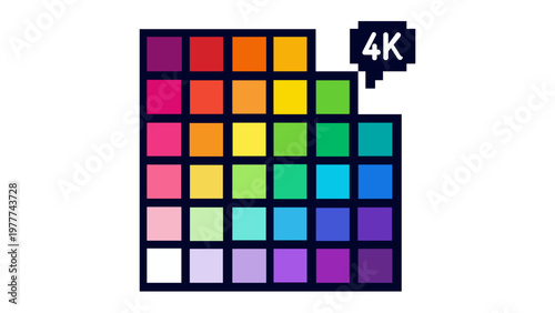 Vector illustration of a vibrant 4K resolution color palette grid icon, featuring a rainbow spectrum of pixelated squares and a 4K tag, ideal for digital design, media software, and UI/UX.