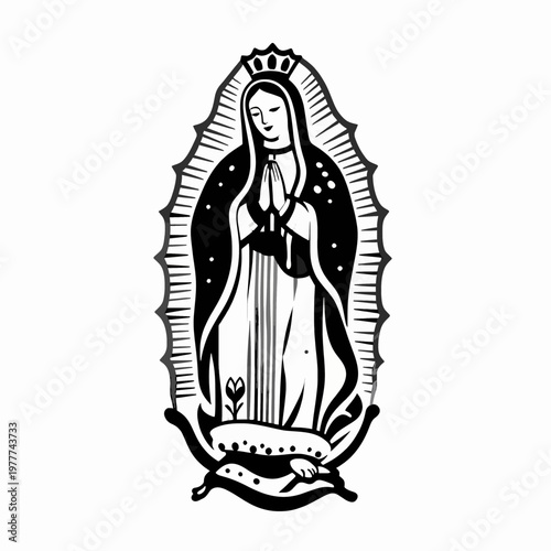 Mexican Virgin Mary of Guadalupe, Catholic Hispanic woman in prayer, religious spiritual icon, flat vector illustration, traditional Latin American cultural symbol, isolated on white background
