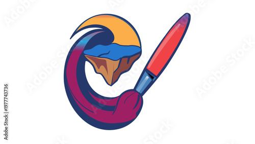 Vibrant vector illustration of a creative paintbrush swirling around a floating island, representing digital art, design tools, and imaginative landscape creation in a modern flat icon style.
