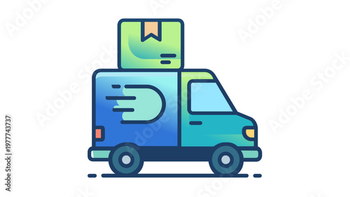 Vibrant vector illustration of a fast delivery van with a cardboard box on top, featuring a modern blue and green gradient design, motion lines for speed, and a minimalist flat icon style for