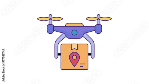Modern purple and yellow vector illustration icon of an autonomous delivery drone carrying a cardboard package with a location pin, representing smart logistics, shipping, and future transport.