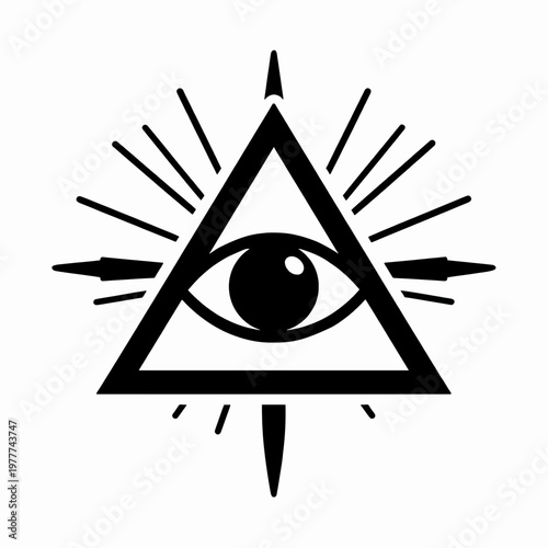 Mystical Eye of Providence Flat Vector Icon, Minimalist All-Seeing Eye in Triangle Symbol for Spiritual and Esoteric Concepts, Bold Black Graphic Isolated on White Background for Design Projects
