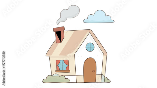 Minimalist hand-drawn vector illustration of a cozy small house with a smoking chimney, round door, and window with curtains. Scalable digital icon for real estate, home, and residence themes.