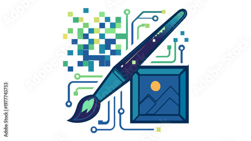 AI-generated vector illustration of a digital paintbrush with circuit board lines and pixel art, representing modern graphic design, creative technology, digital art software, and innovation.