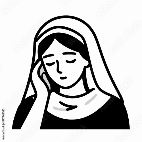 Serene Adult White Woman Wearing a Traditional Headscarf in Prayer, Minimalist Flat Vector Illustration of a Mourning Female Figure with a Somber Mood, Isolated on White Background, Concept of Faith