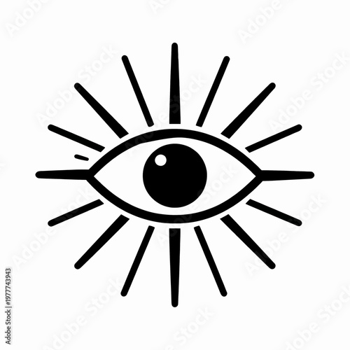 Minimalist flat vector illustration of a single mystical third eye with celestial sunburst rays, spiritual providence symbol isolated on white background for esoteric and modern occult concepts.