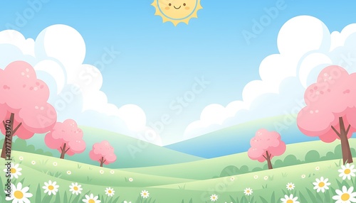 Colorful Sunny Meadow with Pink Trees and White Daisies