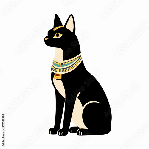 Flat vector illustration of a single Egyptian Bastet cat goddess sitting in a regal pose, ancient mythology deity icon with intricate gold headdress and black ink stipple texture, isolated.
