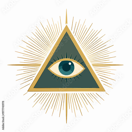 Mystical Golden Eye of Providence in Triangle, Esoteric Flat Vector Illustration of All-Seeing Eye Symbol for Spirituality and Wisdom, Isolated on White Background, Occult Minimalist Graphic