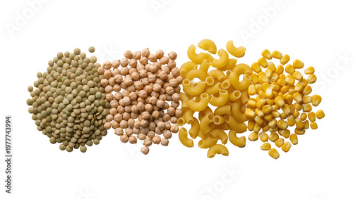 Cuadro en lienzo Isolated dry green lentils, chickpeas, uncooked elbow macaroni pasta, and corn kernels aligned