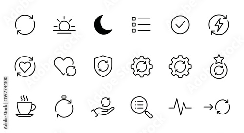Maximum ultra-simplified daily routine and habit tracking web icons in line art style. Symbols of recurring tasks, consistency, and daily cycles. Clean black and white vector illustration with editabl