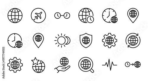 Maximum ultra-simplified time zone and global travel web icons in line art style. Symbols of international scheduling, world clocks, and time differences. Clean black and white vector illustration wit