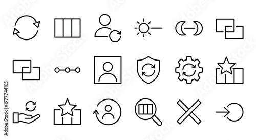 Maximum ultra-simplified shift management and roster web icons in line art style. Symbols of work rotations, staff scheduling, and shift blocks. Clean black and white vector illustration with editable