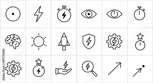Maximum ultra-simplified productivity and focus web icons in line art style. Symbols of deep work, efficiency, and high-performance timing. Clean black and white vector illustration with editable stro