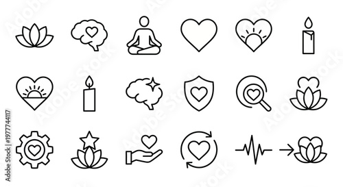 Ícones web de mindfulness e saúde mental ultra-simplificados em estilo line art. Símbolos de meditação, autocuidado e equilíbrio emocional. Arte vetorial limpa em preto e branco para aplicativos de be