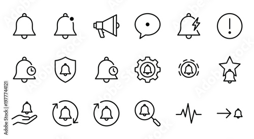 Maximum ultra-simplified reminder and notification web icons in line art style. Symbols of alerts, push notifications, and timely reminders. Clean black and white vector illustration with editable str