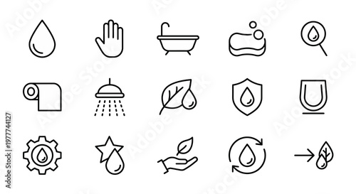 Ícones web de higiene e spa ultra-simplificados em estilo line art. Símbolos de limpeza, relaxamento e tratamentos de cuidado pessoal. Arte vetorial limpa em preto e branco para aplicativos de autocui