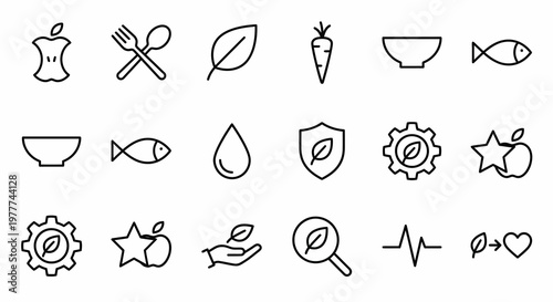 Ícones web de nutrição e dieta ultra-simplificados em estilo line art. Símbolos de alimentação saudável, vitaminas e equilíbrio nutricional. Arte vetorial limpa em preto e branco para aplicativos de d