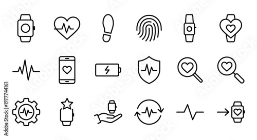 Ícones web de monitoramento de saúde e wearables ultra-simplificados em estilo line art. Símbolos de tecnologia vestível, biometria e rastreamento de atividades físicas. Arte vetorial limpa em preto e