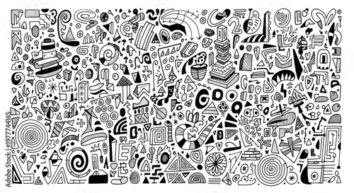 Abstract Doodle Art: Whimsical Black and White Hand-Drawn Patterns and Shapes