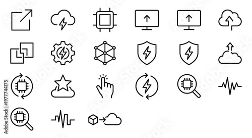 Maximum ultra-simplified digital transformation web icons in line art style. Symbols of cloud migration, business digitization, and technological shifts. Clean black and white vector illustration with