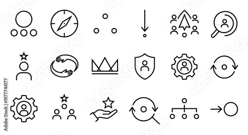 Maximum ultra-simplified leadership and team management web icons in line art style. Symbols of guidance, coordination, and professional mentorship. Clean black and white vector illustration with edit