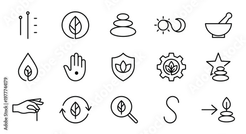 Ícones web de saúde holística e terapias alternativas ultra-simplificados em estilo line art. Símbolos de acupuntura, fitoterapia e equilíbrio energético. Arte vetorial limpa em preto e branco para cl