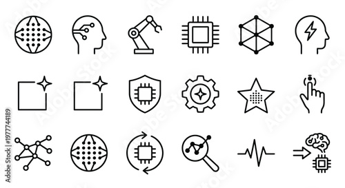 Maximum ultra-simplified artificial intelligence and robotics web icons in line art style. Symbols of neural networks, automated engineering, and smart technology. Clean black and white vector illustr