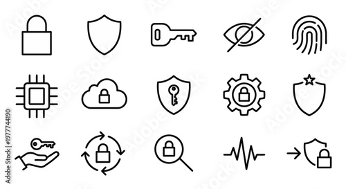 Maximum ultra-simplified data security and privacy web icons in line art style. Symbols of encryption, digital protection, and cybersecurity protocols. Clean black and white vector illustration with e