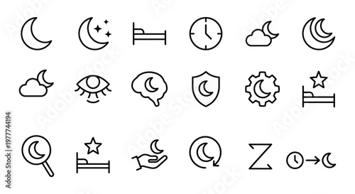 Ícones web de sono e recuperação ultra-simplificados em estilo line art. Símbolos de descanso, rastreamento de sono e ciclos noturnos. Arte vetorial limpa em preto e branco para aplicativos de bem-est