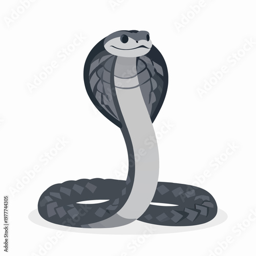 Flat vector illustration of a single King Cobra snake in a defensive hooded strike pose, minimalist wild animal icon with bold lines and monochromatic grey tones isolated on white background.
