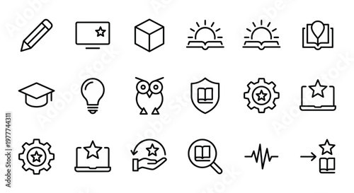 Maximum ultra-simplified remote learning for kids web icons in line art style. Symbols of digital elementary education, gamified learning, and virtual classrooms. Clean black and white vector illustra