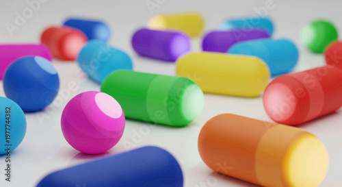Colorful Pills and Capsules Scattered on White Textured Background, Health and Medicine Concept