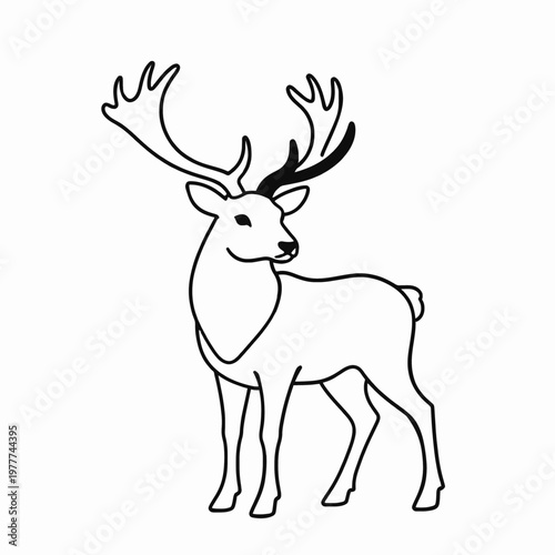 Minimalist continuous line art illustration of a single majestic stag with large antlers, elegant black monoline drawing of a deer, modern wildlife concept, isolated on white background.
