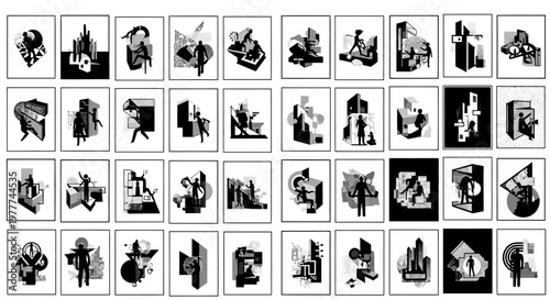 Abstract Architectural Concepts: Figures in Geometric Spaces, Modern Design, Minimalist Art