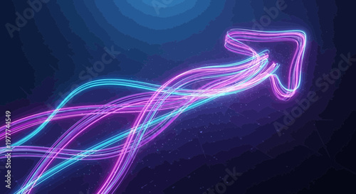 Futuristic Arrow Path Glowing Neon Lines on Digital Topographic Map Background