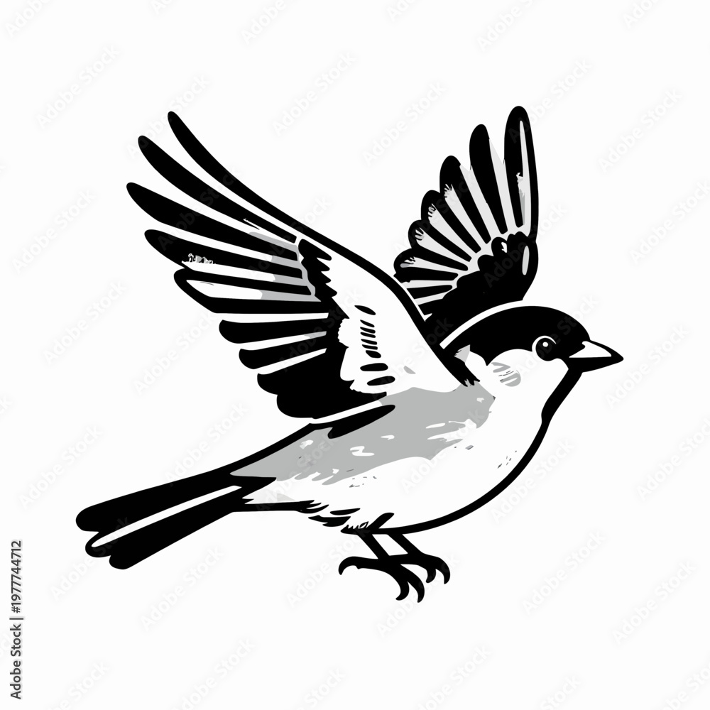 Fototapeta premium Minimalist Black and White Flat Vector Illustration of a Single Sparrow Bird Flying with Wings Spread Upward, Vintage Woodcut Style Engraving Graphic for Nature and Wildlife Design Concepts