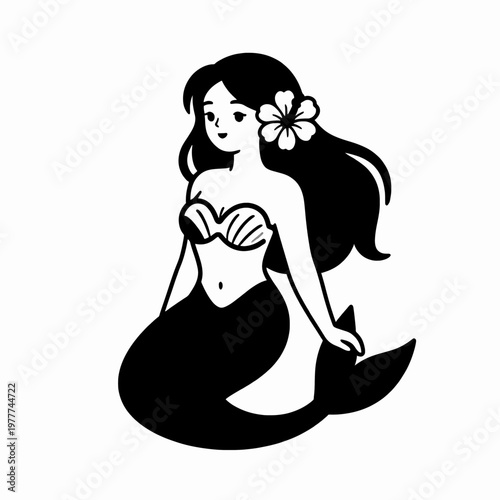 Beautiful Mythical Mermaid Woman with Long Hair and Hibiscus Flower, Hand Drawn Flat Vector Illustration of a Sea Nymph Sitting Outdoors, Tropical Ocean Concept, Minimalist Black and White Art