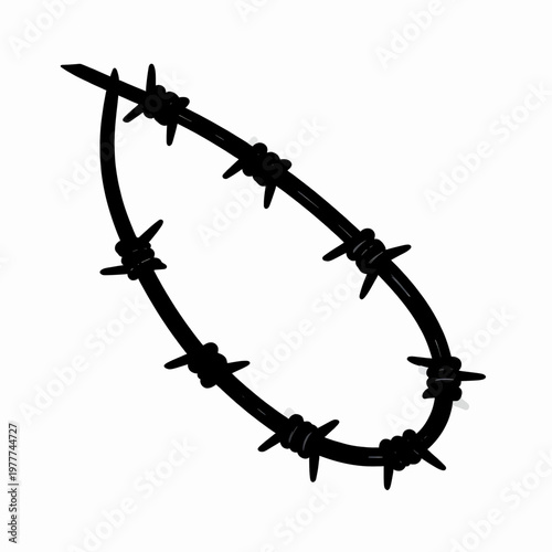 Industrial strength single segment of sharp barbed wire in a flat vector illustration style, featuring bold black ink lines and minimalist security concept, isolated on white background.
