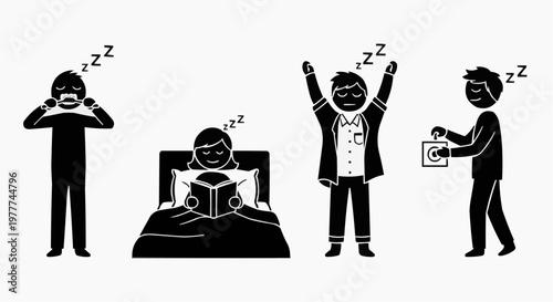 Sleeping individuals demonstrating various sleep activities such as sleep, waking, and use alarm clock. 