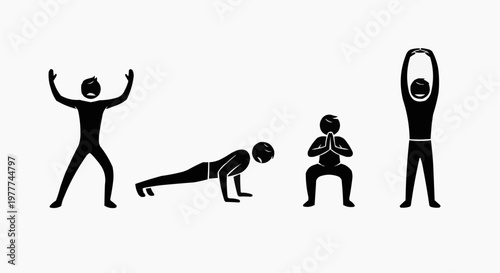People are performing fitness exercises that involve movements such as jumping jacks, push-ups, squats and stretching