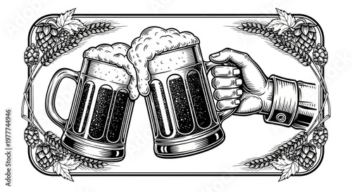 Cheers! Vintage illustration of two hands toasting with frothy beer mugs, surrounded by hops and wheat.