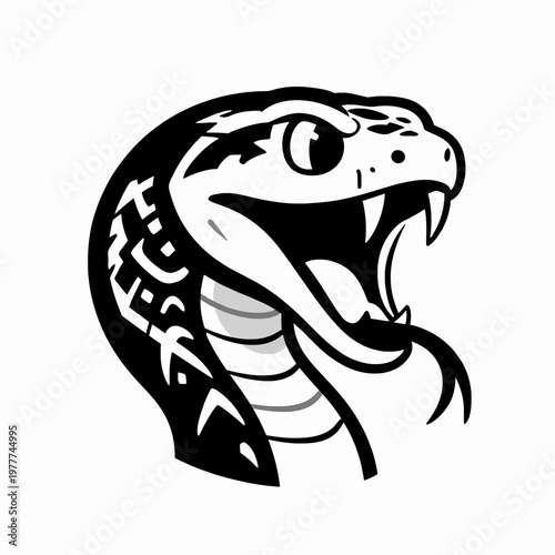Powerful Black and White Flat Vector Illustration of a Single Aggressive Rattlesnake Head with Open Mouth and Sharp Fangs, Minimalist Snake Mascot Graphic Isolated on White Background