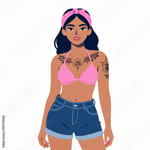 Confident young Latina woman with tattoos wearing a pink bikini and denim shorts in a summer fashion concept, flat vector illustration of an adult female isolated on white background