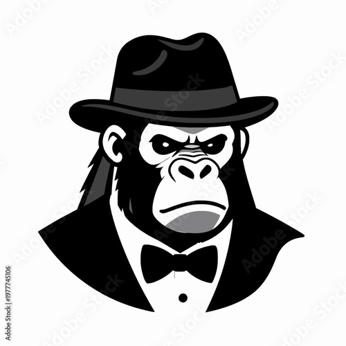 Vintage Gangster Gorilla Vector Illustration, Fierce Silverback Ape Wearing Fedora Hat and Tuxedo Suit, Monochrome Wildlife Character Design for Apparel and Branding, Isolated on White Background