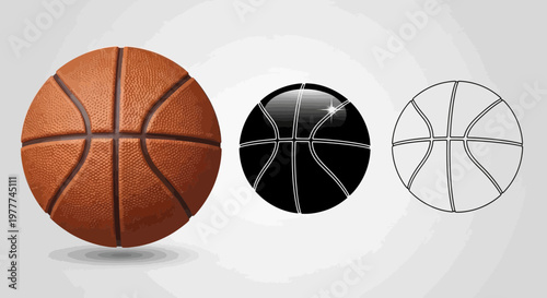 Basketball Set: Realistic, Silhouette, and Line Art Variations